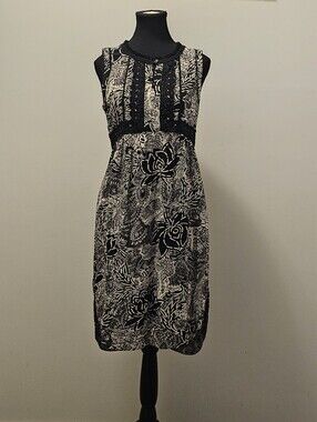 Anthropologie Black & Cream Floral Lace-Trim Midi Dress